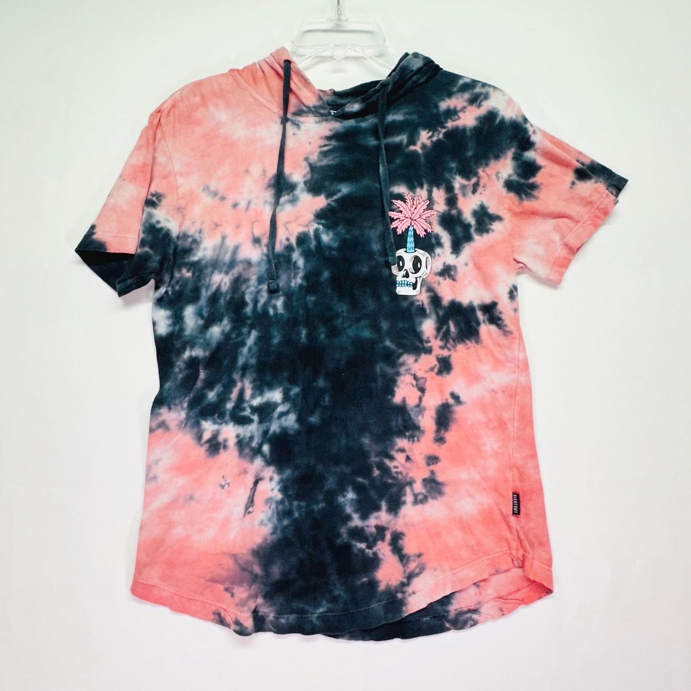 Dikotomy Pink Black Tie Dye Skull Palm Tree‎ Short Sleeve Hooded T-Shirt Small